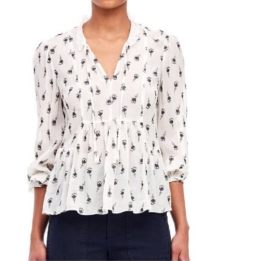 Rebecca Taylor Boho Silk Chiffon Romantic Ruffle Ivory Black Peasant Top S